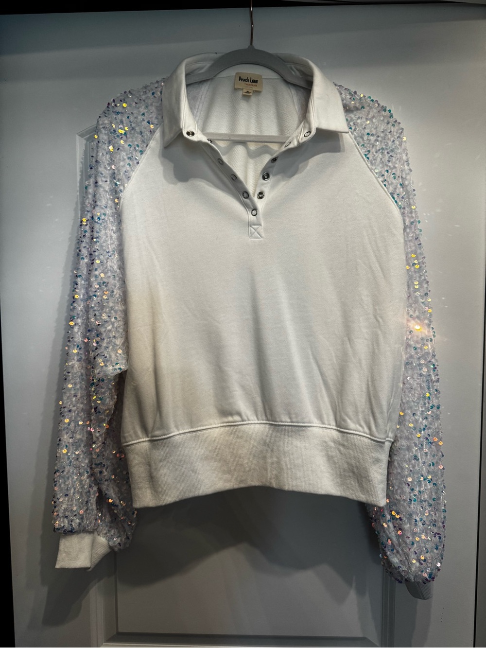 Peach Love California White Pullover with Iridescent Sequin Sleeves